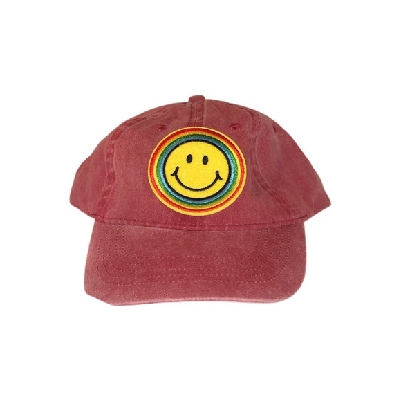 Accessories - Washed Pink Baseball Hat W/ Rainbow Smiley Patch